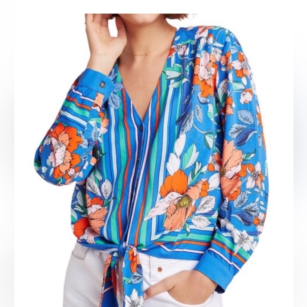 Maeve Anthropologie Women’s Elan Scarf Floral Print Blouse Blue Tie Waist - Picture 2 of 3